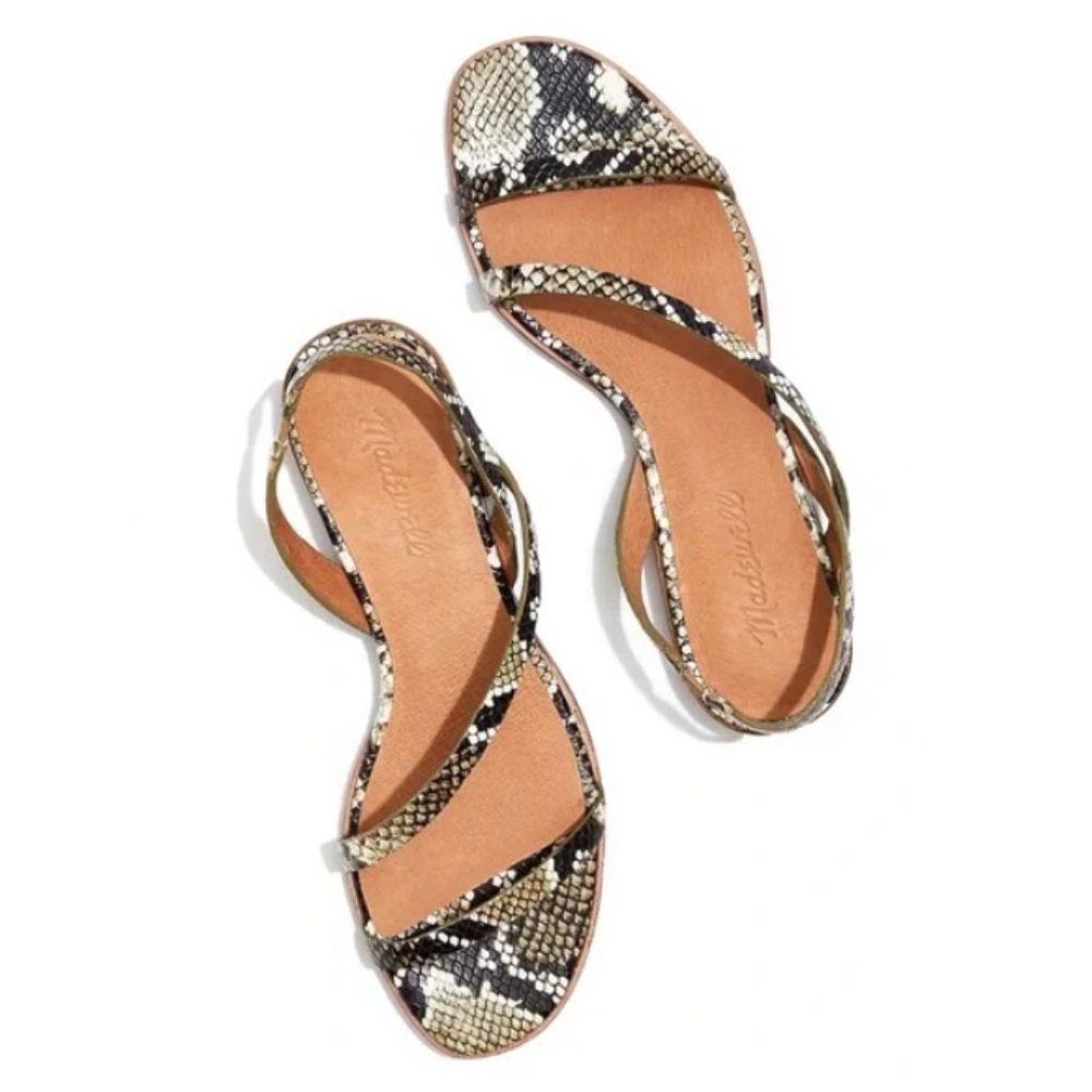 Madewell Snake Print Leather Flat Sandals in Black, Cream, Tan
